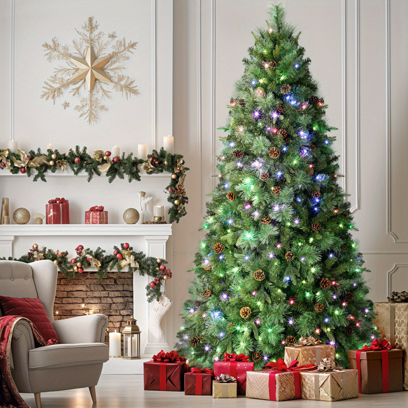 The Holiday Aisle 7.5FT Artificial Christmas Spruce Tree With 470 RGB Lights Pre Lit Color Changing Remote Control Pine Cones Hinged Ideal Xmas Decoration Option Wayfair